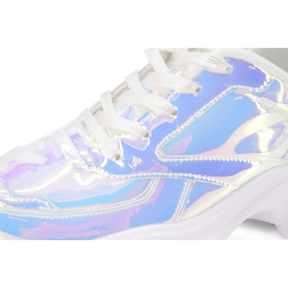 Women White Hologram Platform Fuchsia Hologram Casual Lace-Up Sneakers